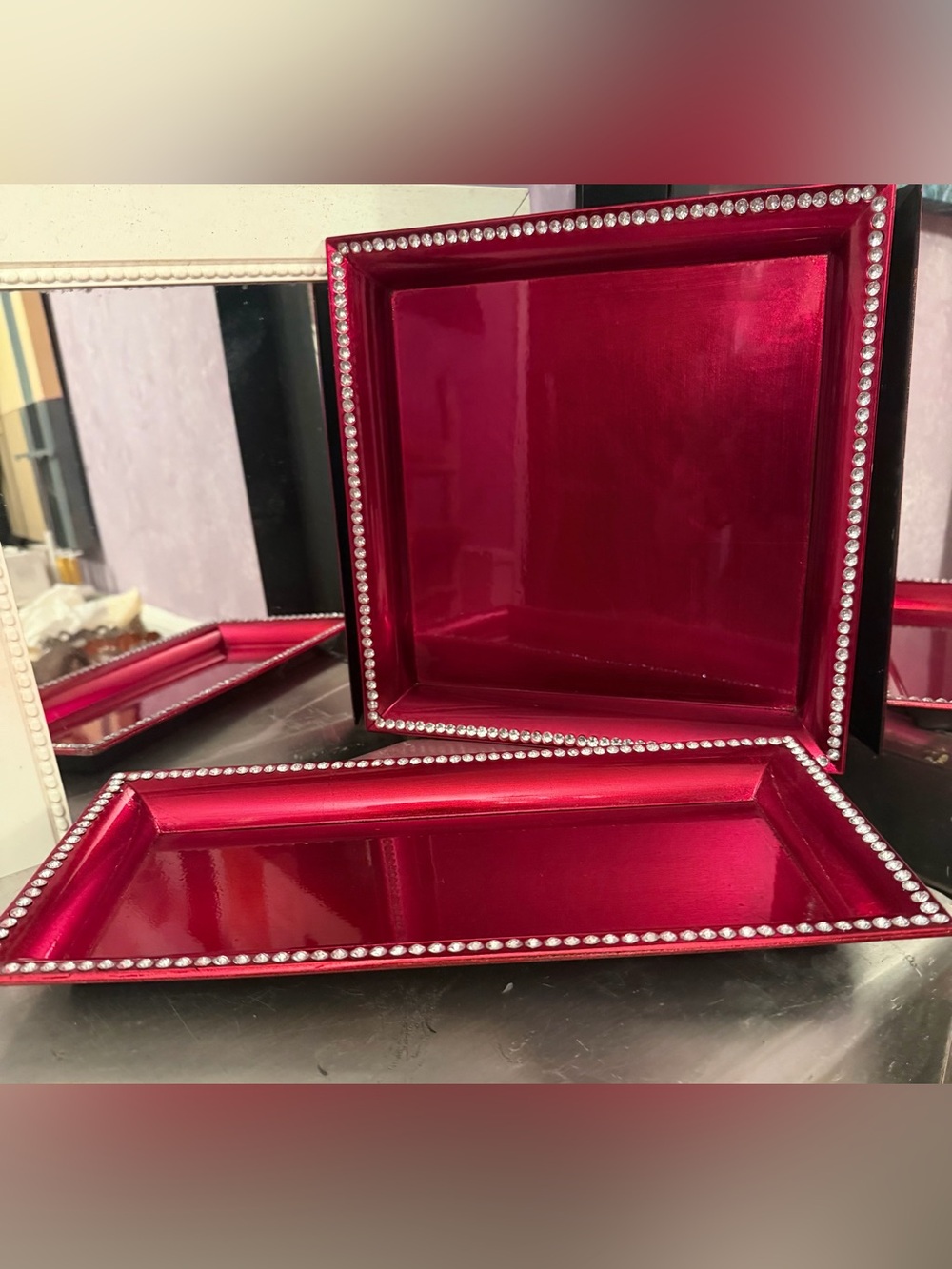 2 Bowing Red Lacquer (NOT FOR FOOD) Platters w Rhinestone Accent